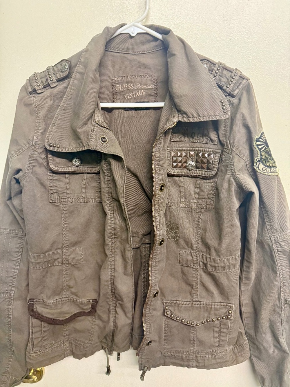 Guess Army Green Studded Utility Jacket | Zip Front Military Style - Picture 3 of 7